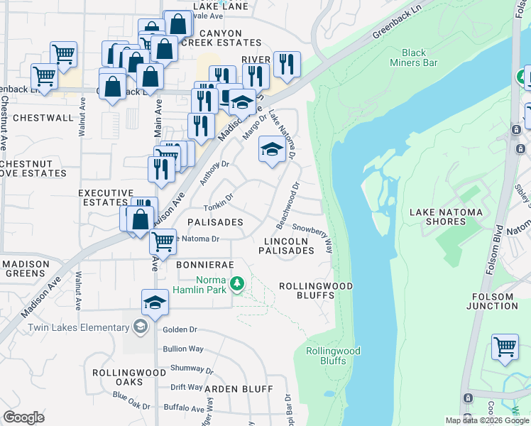map of restaurants, bars, coffee shops, grocery stores, and more near 9553 Lake Natoma Drive in Orangevale