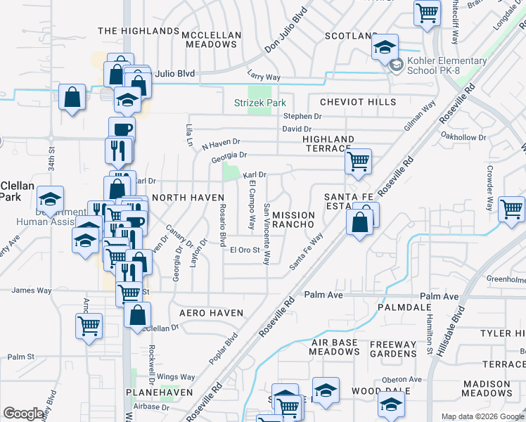 map of restaurants, bars, coffee shops, grocery stores, and more near 5800 San Vincente Way in North Highlands