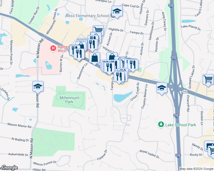 map of restaurants, bars, coffee shops, grocery stores, and more near 12401-12521 Lighthouse Way Drive in Creve Coeur