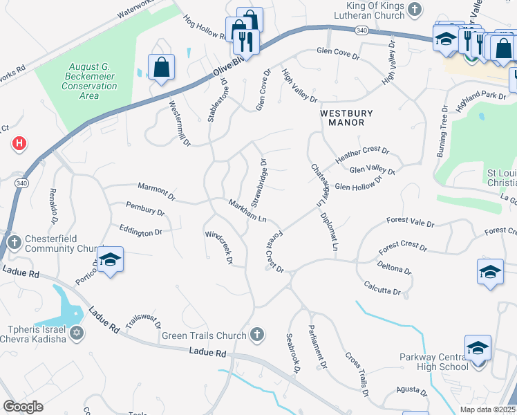map of restaurants, bars, coffee shops, grocery stores, and more near 14318 Aitken Hill Court in Chesterfield
