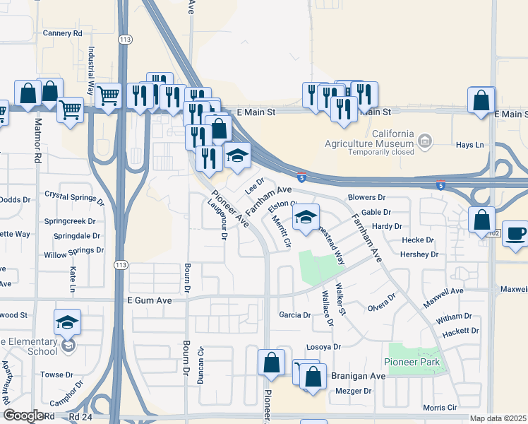 map of restaurants, bars, coffee shops, grocery stores, and more near 1723 Farnham Avenue in Woodland