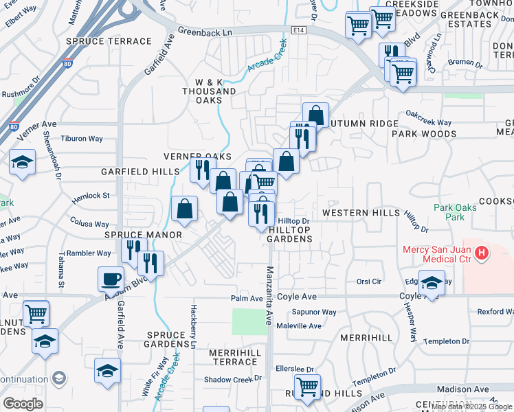 map of restaurants, bars, coffee shops, grocery stores, and more near in Carmichael