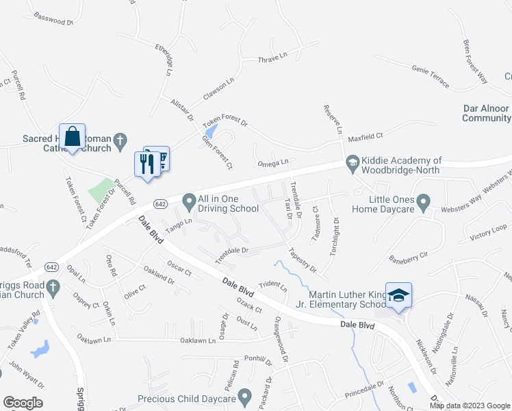 map of restaurants, bars, coffee shops, grocery stores, and more near 12986 Terminal Way in Woodbridge