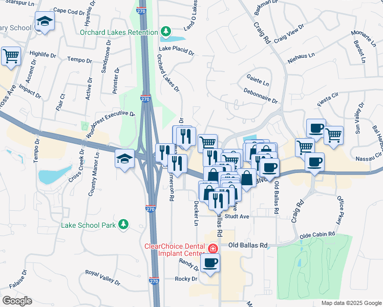 map of restaurants, bars, coffee shops, grocery stores, and more near 1001 West Rue De La Banque in St. Louis