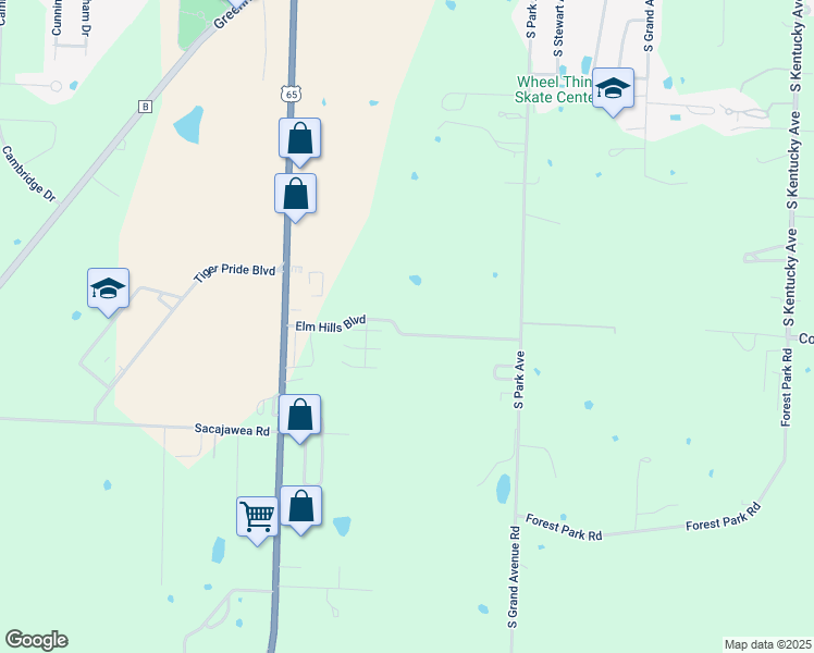 map of restaurants, bars, coffee shops, grocery stores, and more near 1312 Elm Hills Boulevard in Sedalia
