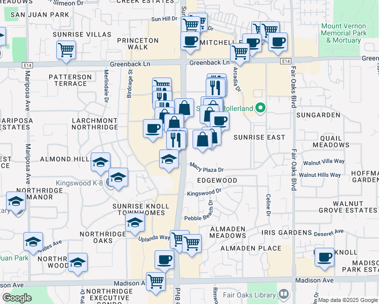map of restaurants, bars, coffee shops, grocery stores, and more near 5832-5844 Sunrise Boulevard in Citrus Heights