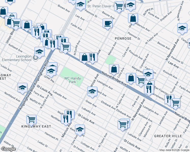 map of restaurants, bars, coffee shops, grocery stores, and more near 4700 Natural Bridge Avenue in St. Louis