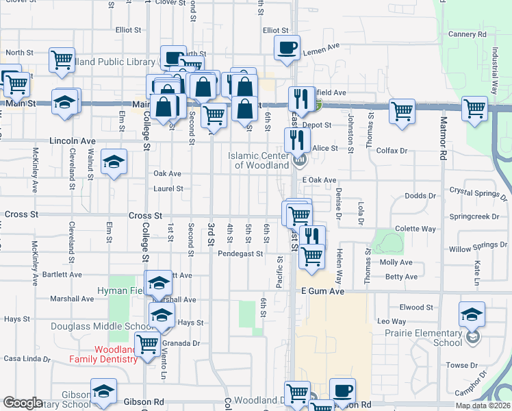 map of restaurants, bars, coffee shops, grocery stores, and more near 638 5th Street in Woodland