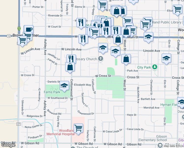 map of restaurants, bars, coffee shops, grocery stores, and more near 632 California Street in Woodland