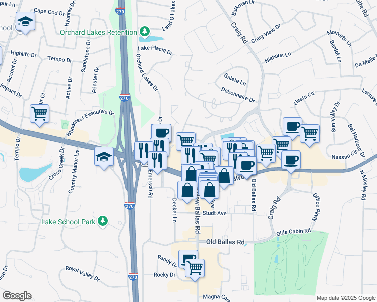 map of restaurants, bars, coffee shops, grocery stores, and more near 844 North New Ballas Court in Creve Coeur