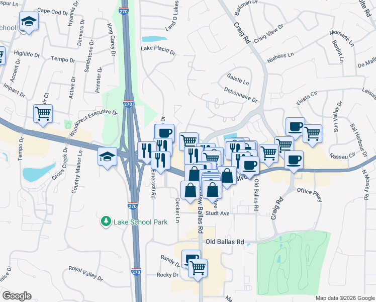 map of restaurants, bars, coffee shops, grocery stores, and more near 844 North New Ballas Court in Creve Coeur