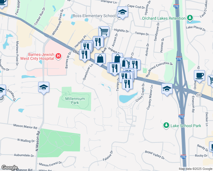 map of restaurants, bars, coffee shops, grocery stores, and more near 12434 Lighthouse Way Drive in Creve Coeur
