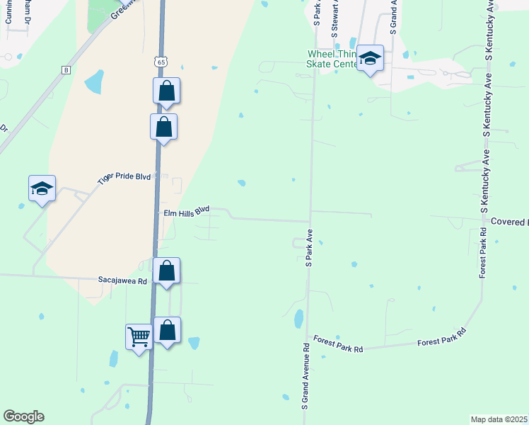 map of restaurants, bars, coffee shops, grocery stores, and more near 1312 Elm Hills Boulevard in Sedalia