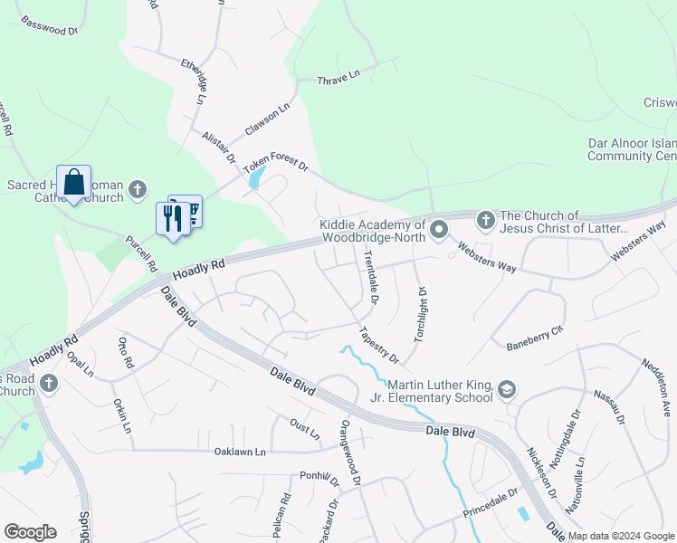 map of restaurants, bars, coffee shops, grocery stores, and more near 6065 Ticket Way in Woodbridge