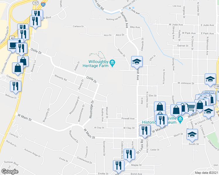 map of restaurants, bars, coffee shops, grocery stores, and more near 600 Ostle Drive in Collinsville
