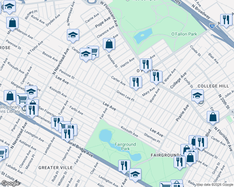 map of restaurants, bars, coffee shops, grocery stores, and more near 4147 Green Lea Place in St. Louis