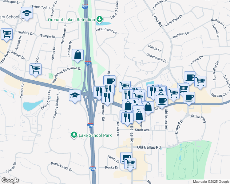 map of restaurants, bars, coffee shops, grocery stores, and more near 1007 West Rue De La Banque in Saint Louis