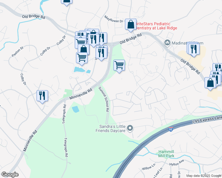 map of restaurants, bars, coffee shops, grocery stores, and more near 2097 Tacketts Village Square in Woodbridge