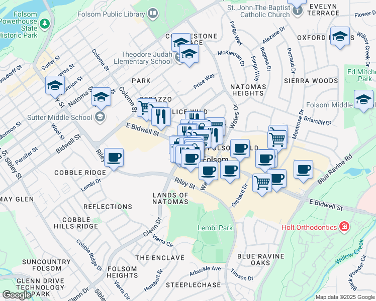 map of restaurants, bars, coffee shops, grocery stores, and more near 570 East Bidwell Street in Folsom