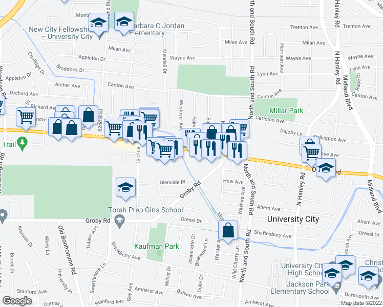 map of restaurants, bars, coffee shops, grocery stores, and more near 7930 Olive Boulevard in St. Louis