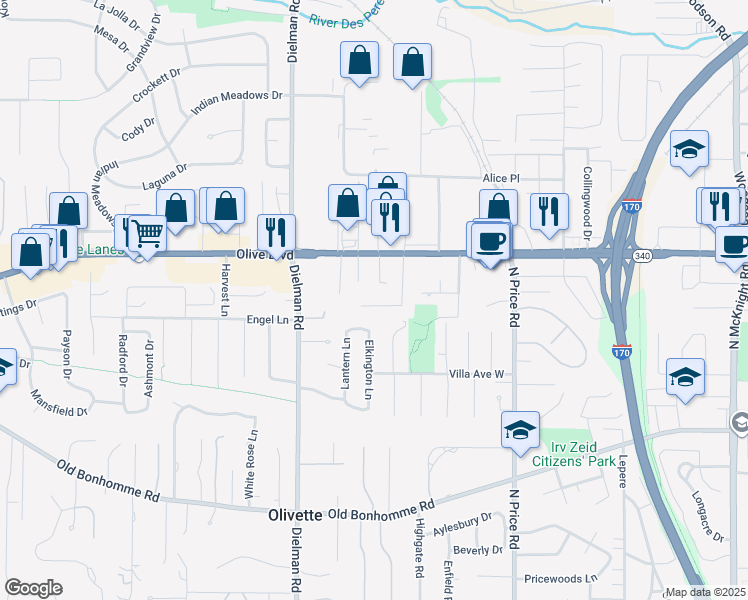 map of restaurants, bars, coffee shops, grocery stores, and more near 9348 Olive Boulevard in Olivette