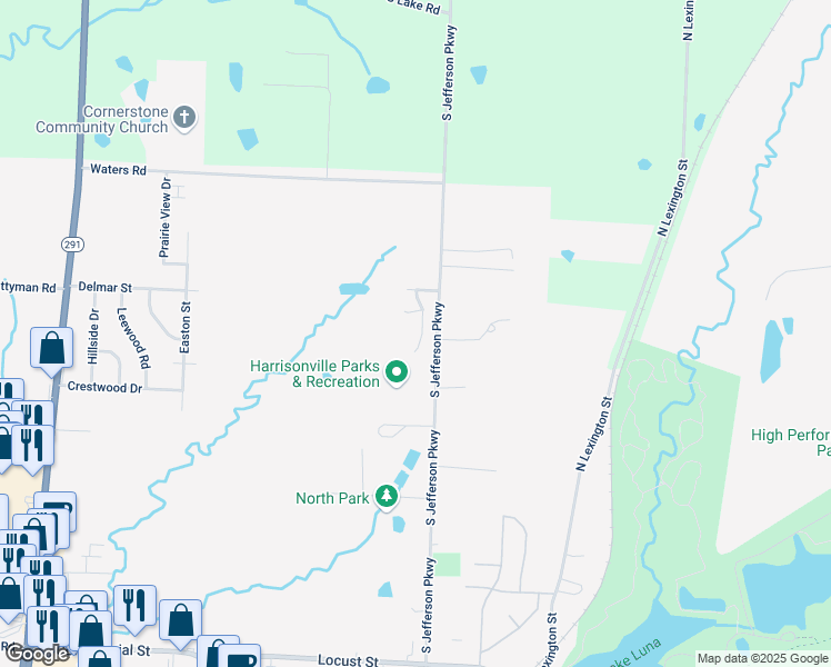 map of restaurants, bars, coffee shops, grocery stores, and more near 501 Timber Drive in Harrisonville
