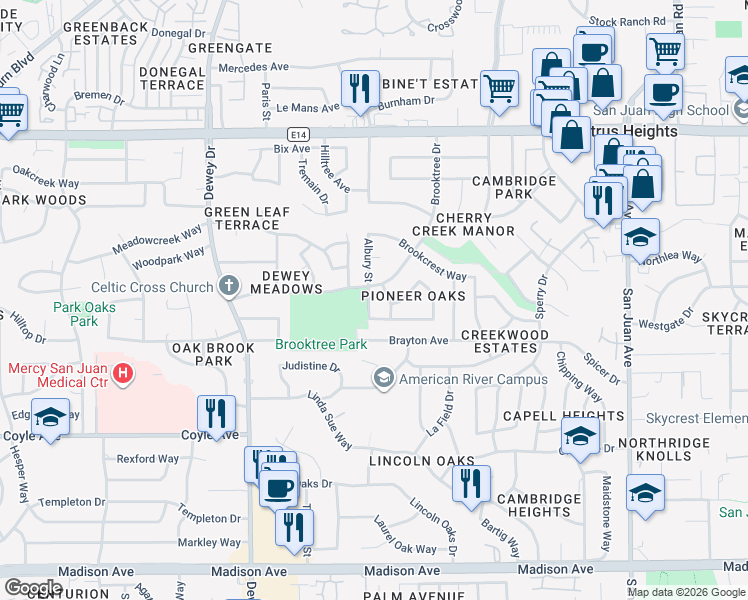 map of restaurants, bars, coffee shops, grocery stores, and more near 5956 Brooktree Drive in Citrus Heights