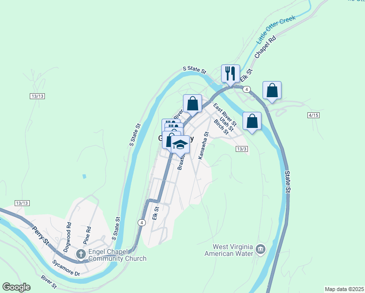 map of restaurants, bars, coffee shops, grocery stores, and more near in Gassaway