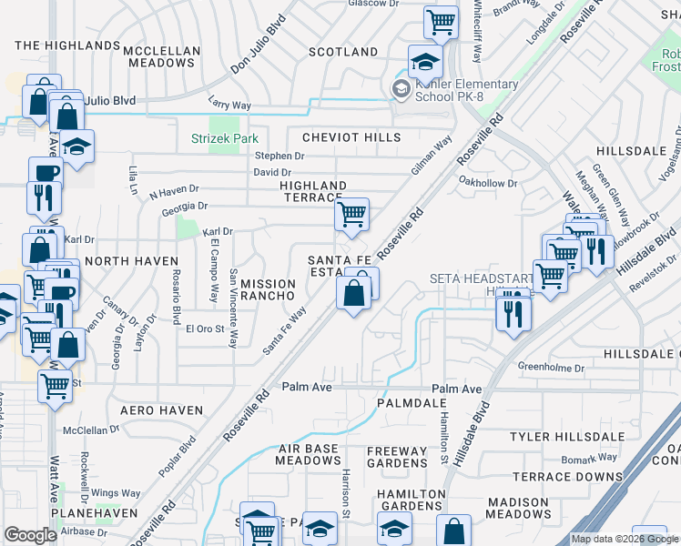 map of restaurants, bars, coffee shops, grocery stores, and more near 4044 Santa Fe Way in North Highlands
