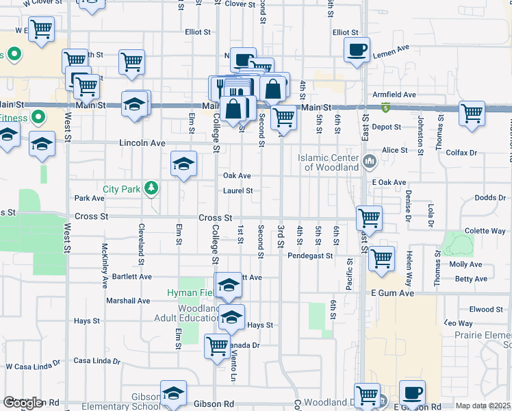 map of restaurants, bars, coffee shops, grocery stores, and more near 639 1st Street in Woodland