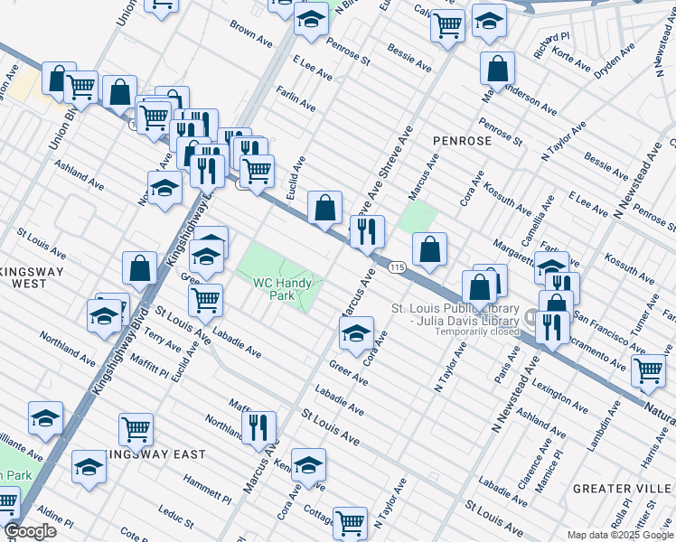 map of restaurants, bars, coffee shops, grocery stores, and more near 4739 Palm Street in St. Louis
