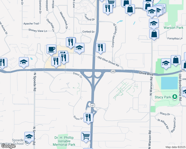 map of restaurants, bars, coffee shops, grocery stores, and more near 900 North Lindbergh Boulevard in Creve Coeur