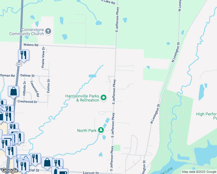 map of restaurants, bars, coffee shops, grocery stores, and more near 523 Timber Drive in Harrisonville