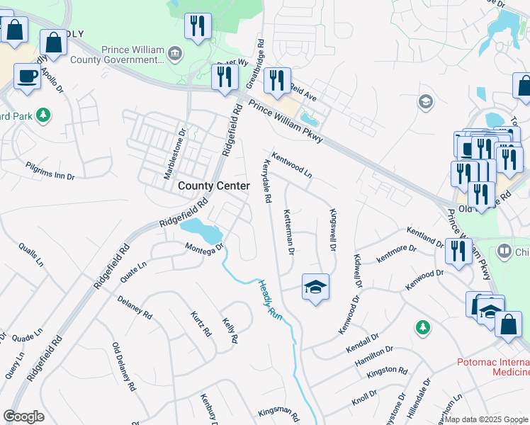 map of restaurants, bars, coffee shops, grocery stores, and more near 12916 Kerrydale Road in Woodbridge