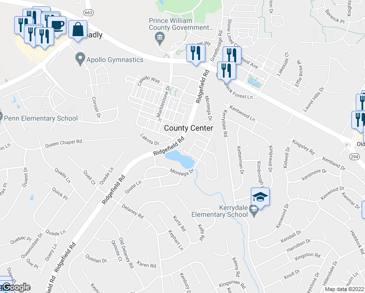 map of restaurants, bars, coffee shops, grocery stores, and more near 4614 Moss Point Place in Woodbridge