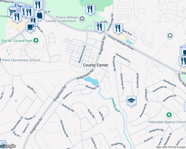 map of restaurants, bars, coffee shops, grocery stores, and more near 4614 Moss Point Place in Woodbridge