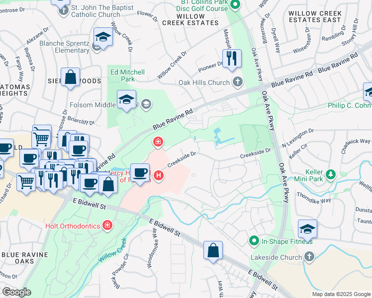 map of restaurants, bars, coffee shops, grocery stores, and more near 1701 Creekside Drive in Folsom