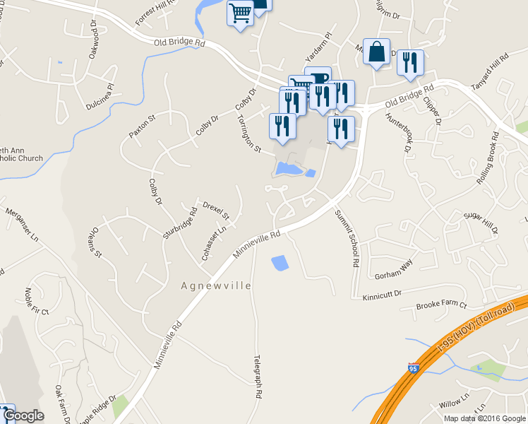map of restaurants, bars, coffee shops, grocery stores, and more near 12862 Mill House Court in Woodbridge