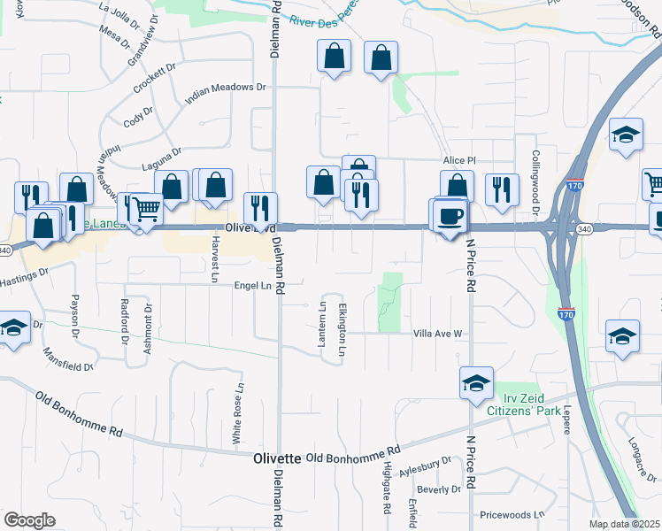 map of restaurants, bars, coffee shops, grocery stores, and more near 9353 Llewellyn Lane in Olivette