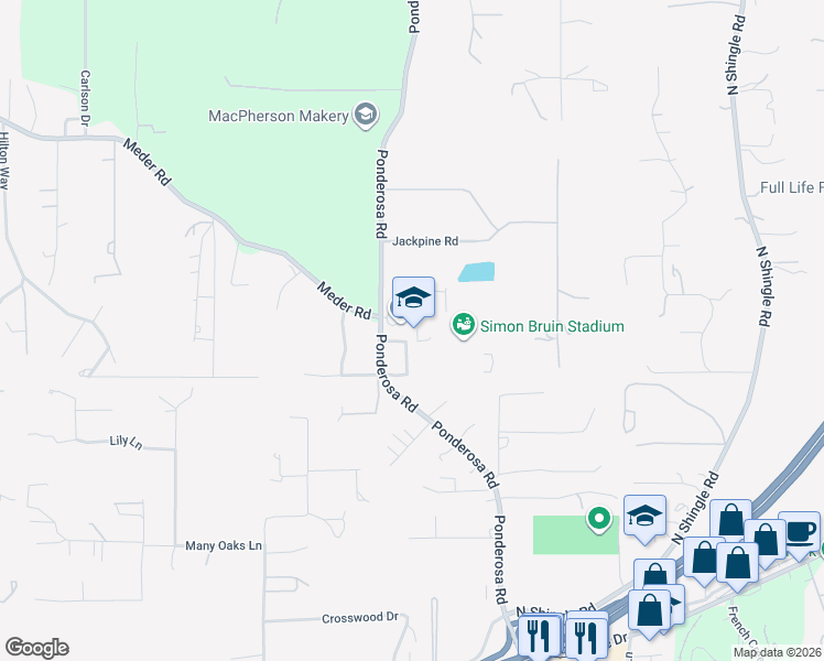 map of restaurants, bars, coffee shops, grocery stores, and more near 3661 Ponderosa Road in Shingle Springs