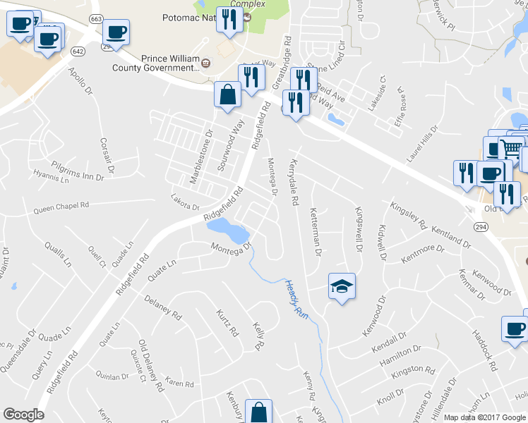 map of restaurants, bars, coffee shops, grocery stores, and more near 12057 Odion Lane in Woodbridge