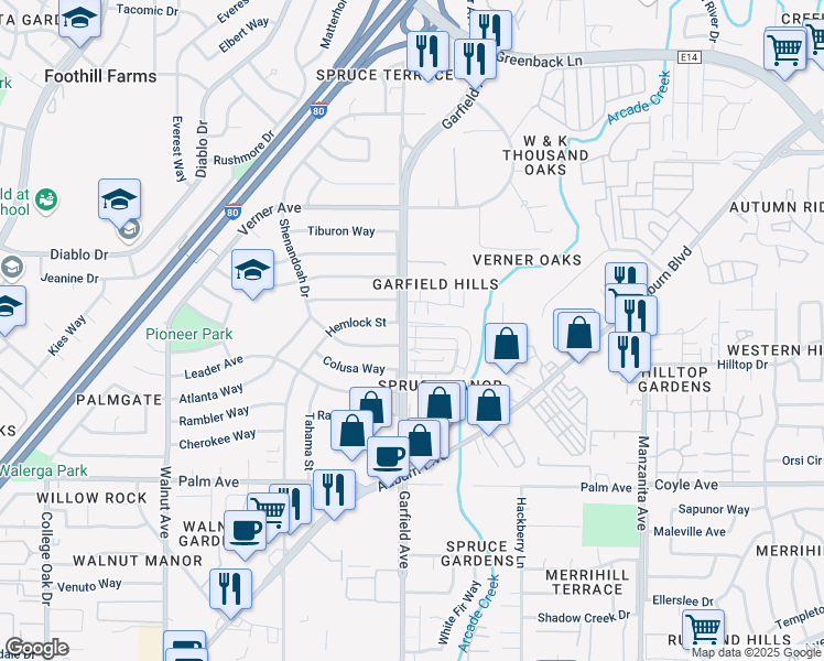 map of restaurants, bars, coffee shops, grocery stores, and more near 5592 Keoncrest Circle in Sacramento