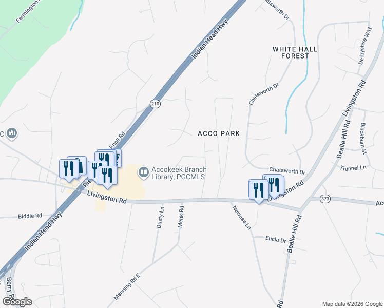 map of restaurants, bars, coffee shops, grocery stores, and more near 15805 John Dailey Road in Accokeek