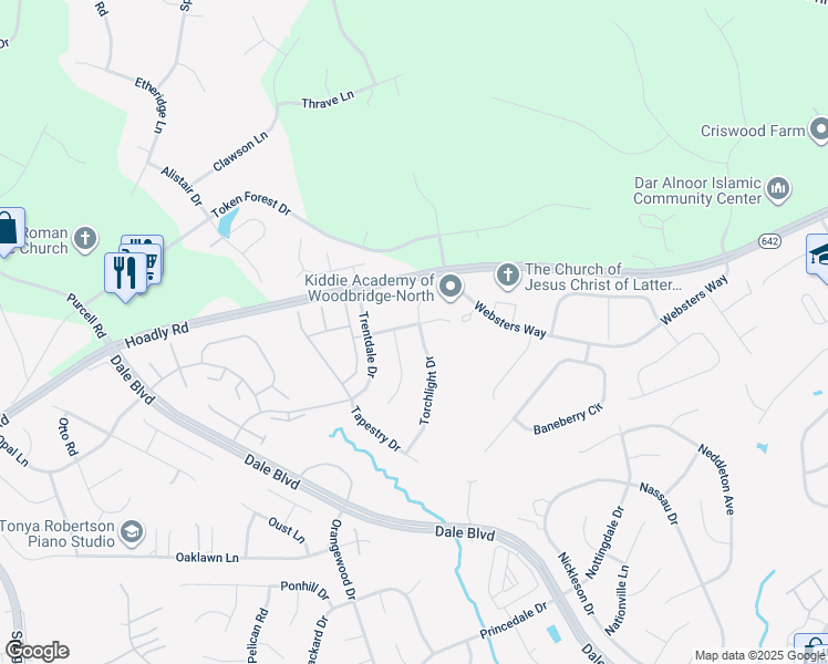 map of restaurants, bars, coffee shops, grocery stores, and more near 12956 Torchlight Drive in Woodbridge