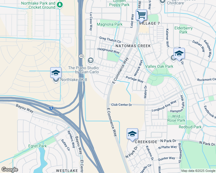 map of restaurants, bars, coffee shops, grocery stores, and more near 5301 East Commerce Way in Sacramento