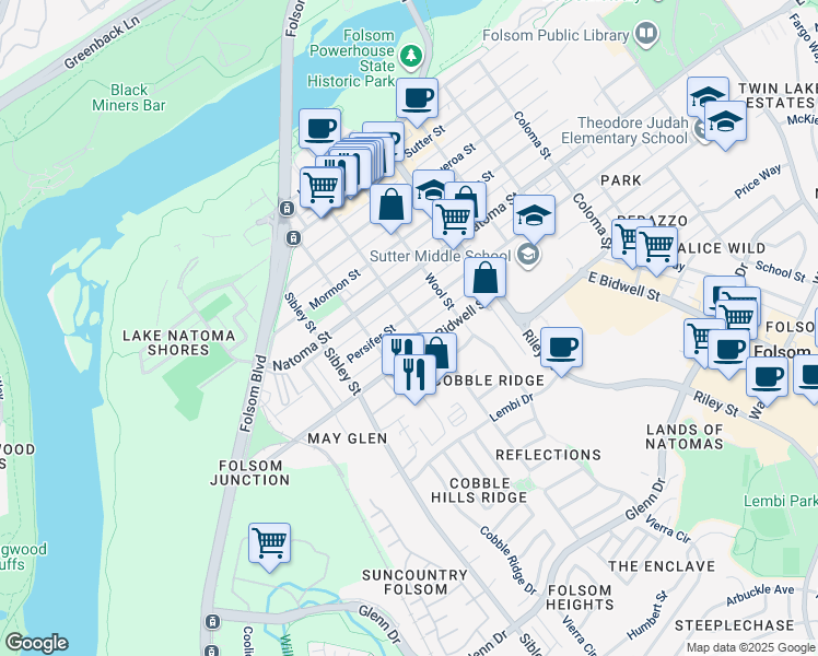 map of restaurants, bars, coffee shops, grocery stores, and more near 700 Decatur Street in Folsom