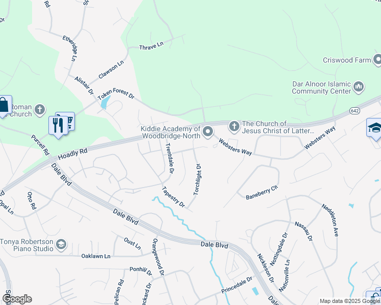 map of restaurants, bars, coffee shops, grocery stores, and more near 12956 Torchlight Drive in Woodbridge