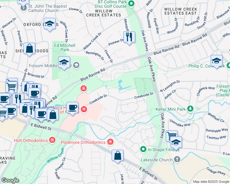 map of restaurants, bars, coffee shops, grocery stores, and more near 1715 Creekside Drive in Folsom