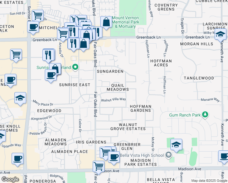 map of restaurants, bars, coffee shops, grocery stores, and more near 5907 Moss Creek Circle in Fair Oaks
