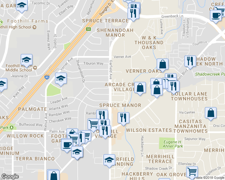 map of restaurants, bars, coffee shops, grocery stores, and more near 5840 Garfield Avenue in Sacramento